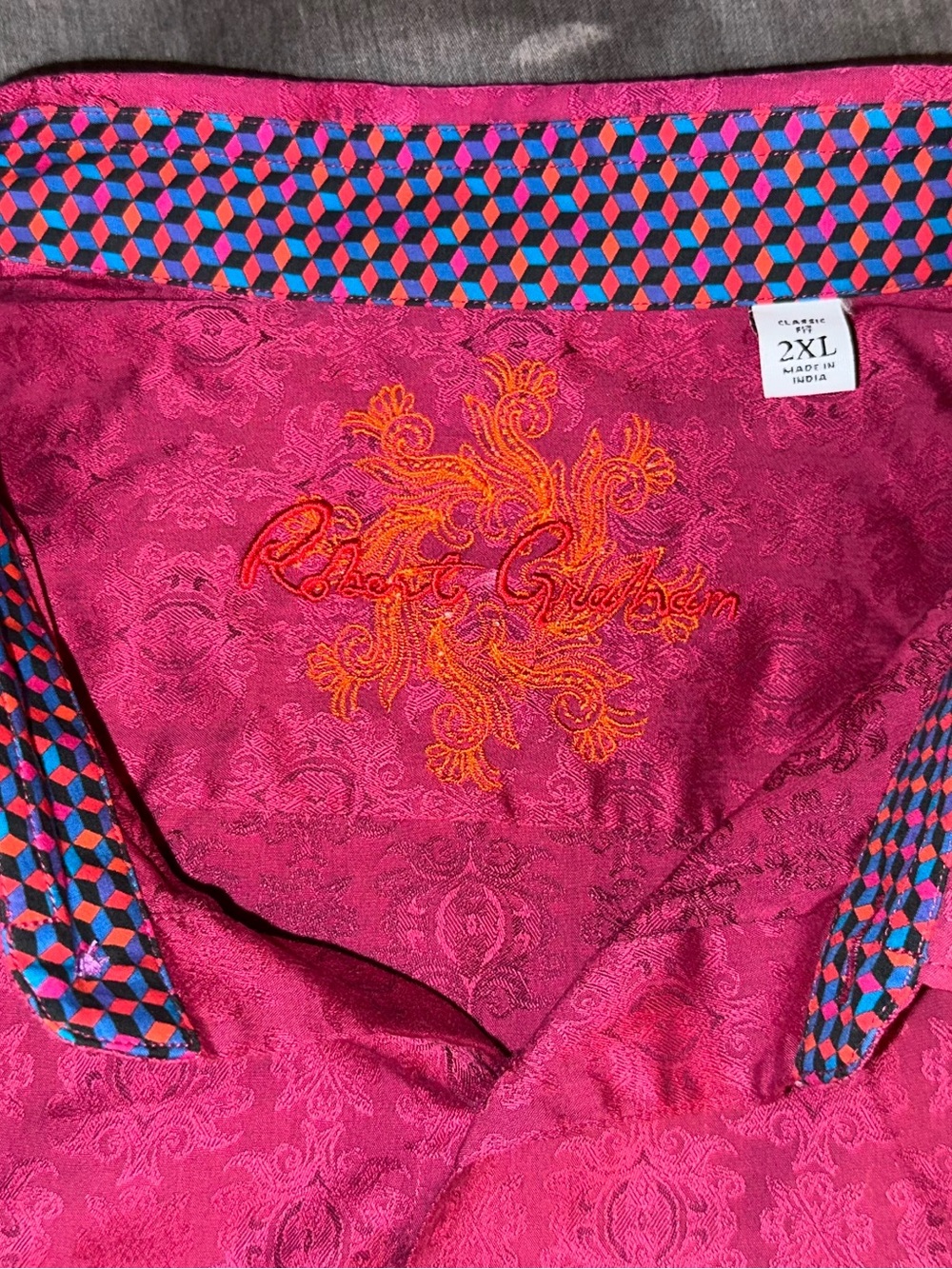 Robert Graham Fuchsia Dress Shirt with Orange Embroidery and Multicolor Trim